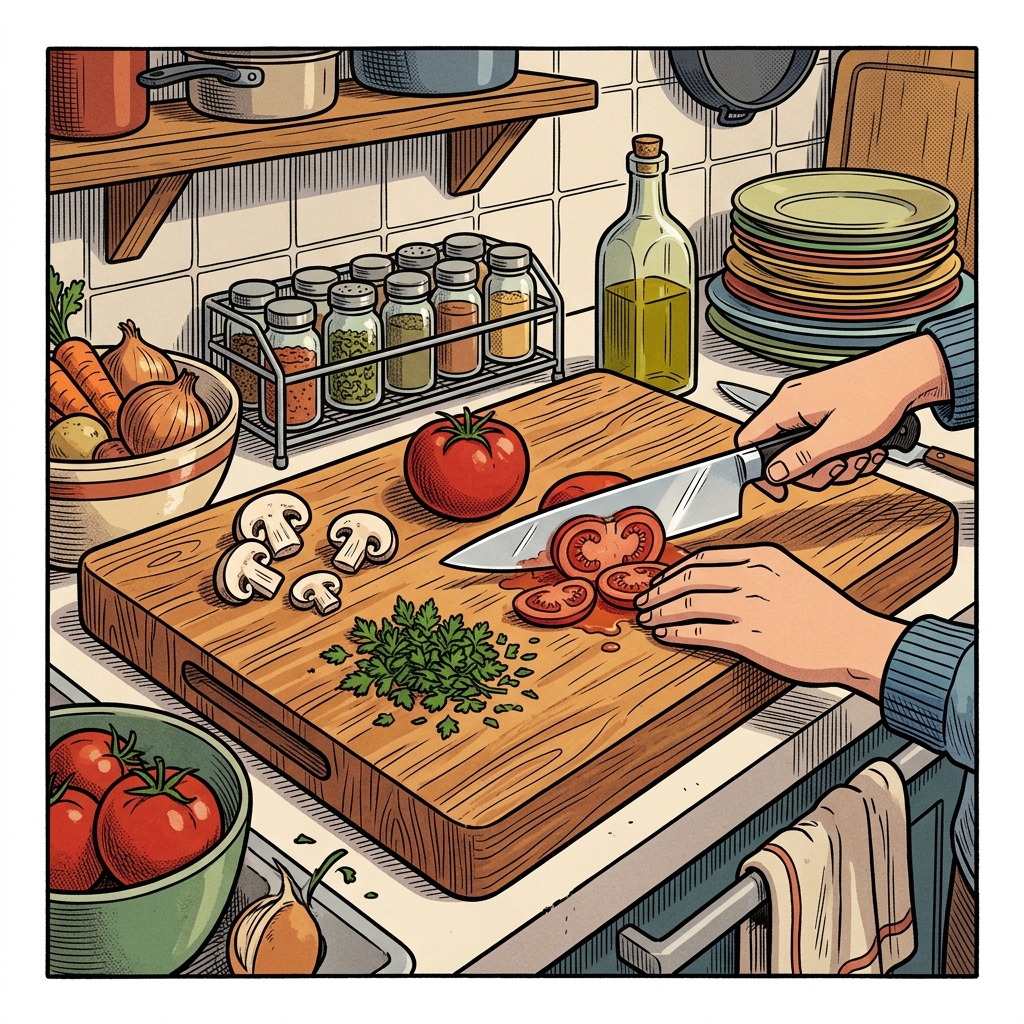 AI mnemonic illustration for the English word "cutting board"