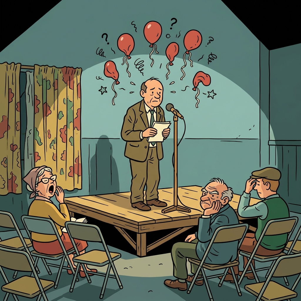 Ilustración mnemotécnica por AI para la palabra en inglés «feeble jokes»