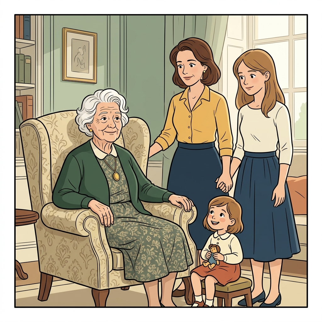 AI na mnemonic na ilustrasyon para sa salitang Ingles na "great-grandmother"