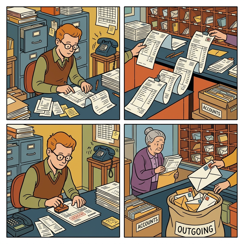 AI na mnemonic na ilustrasyon para sa salitang Ingles na "invoicing"
