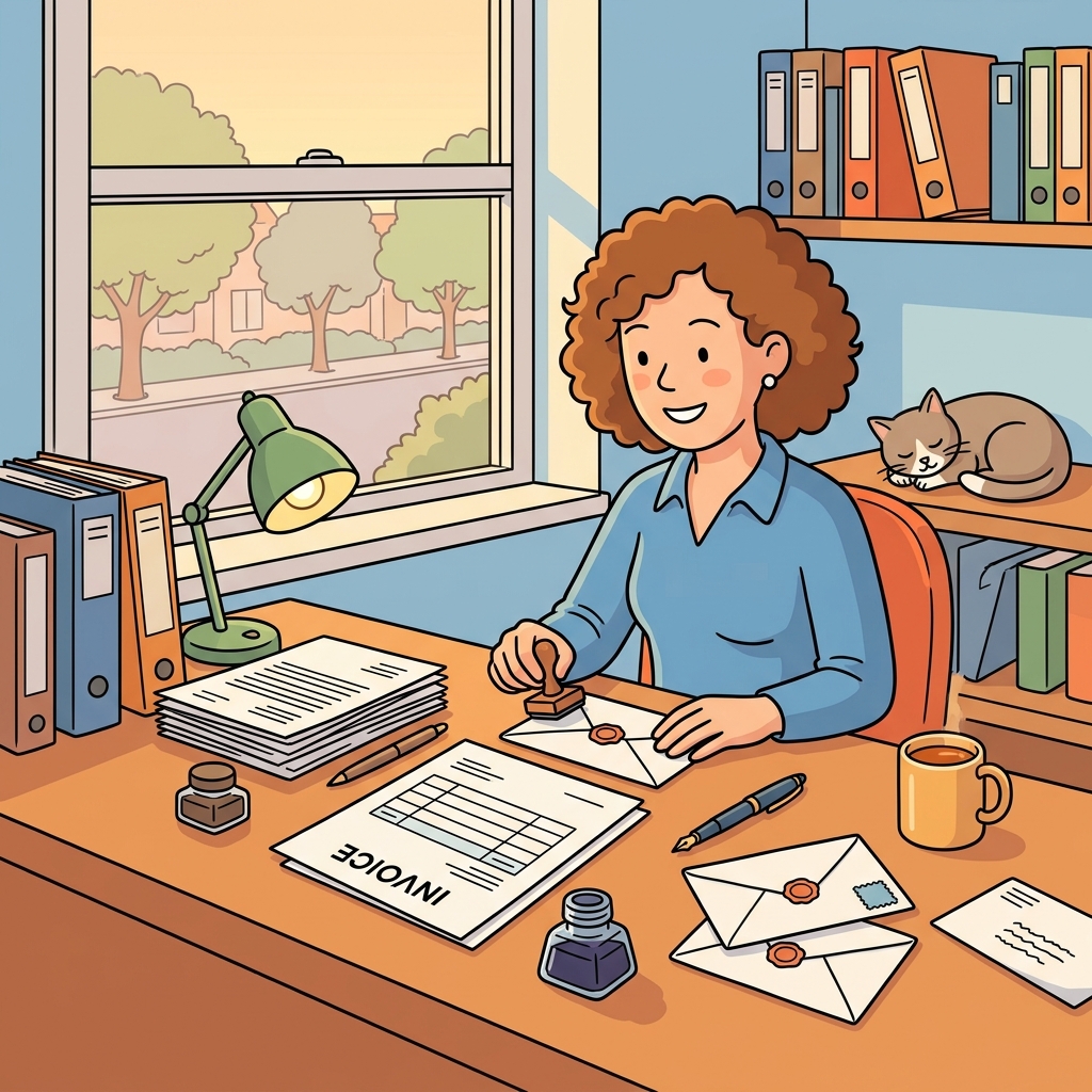 AI na mnemonic na ilustrasyon para sa salitang Ingles na "invoicing"