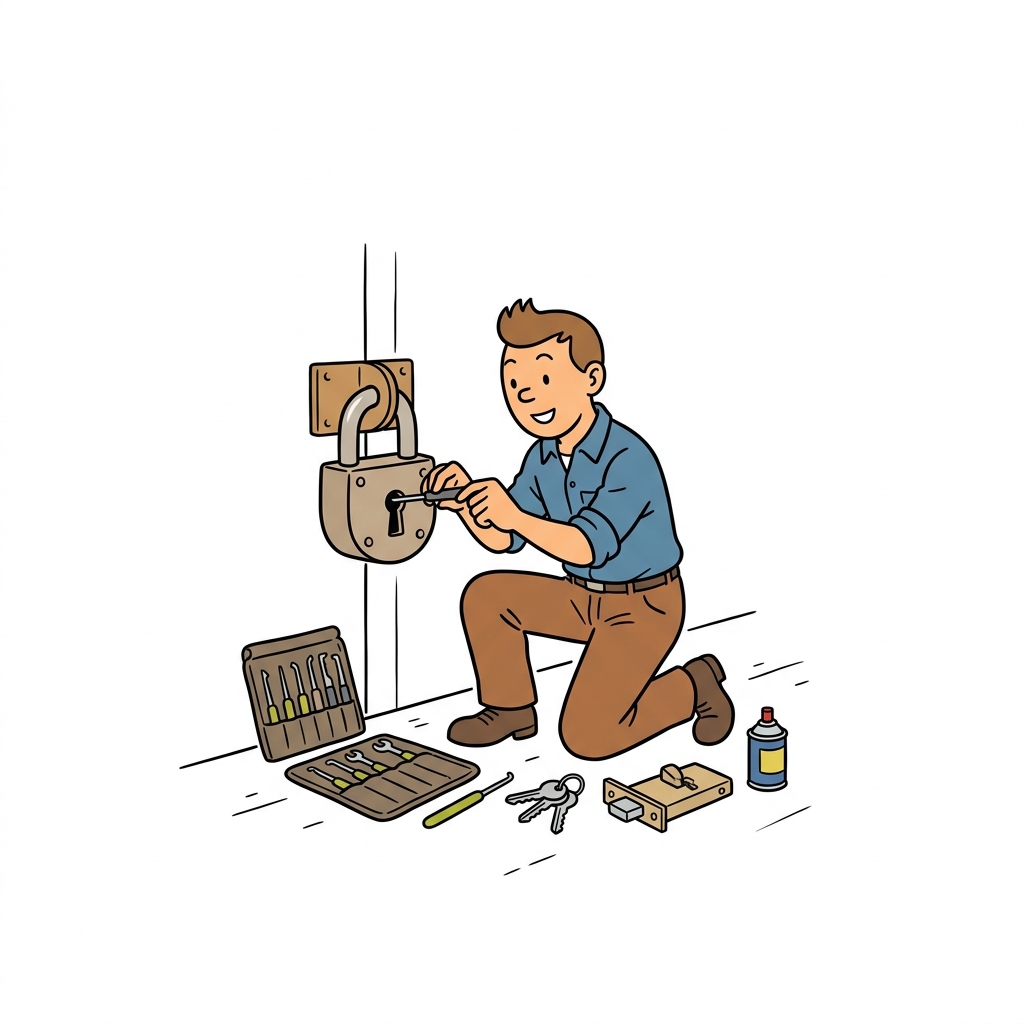 AI na mnemonic na ilustrasyon para sa salitang Ingles na "locksmith"