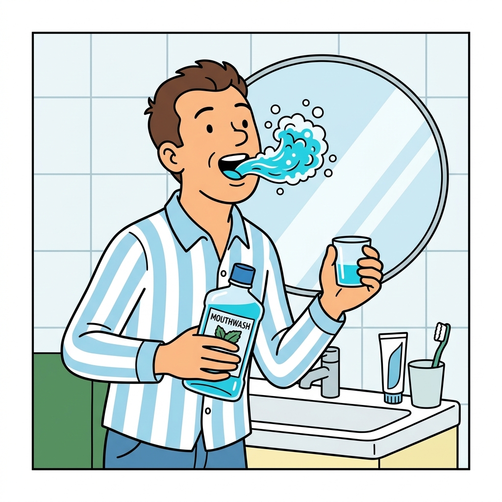 Ilustración mnemotécnica por AI para la palabra en inglés «mouthwash»