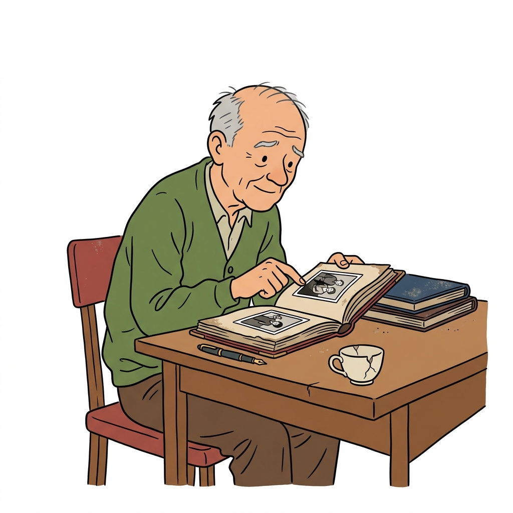 AI na mnemonic na ilustrasyon para sa salitang Ingles na "nostalgic"