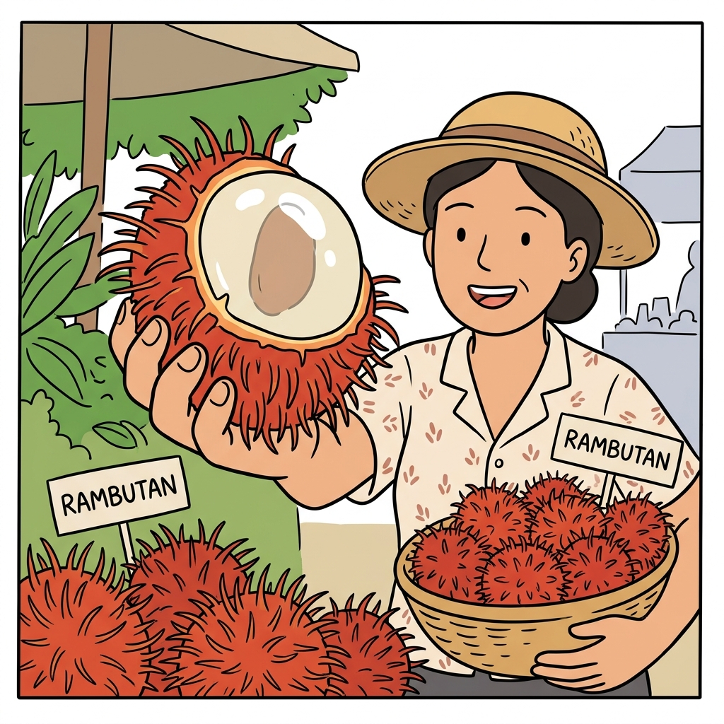 AI na mnemonic na ilustrasyon para sa salitang Ingles na "rambutan"