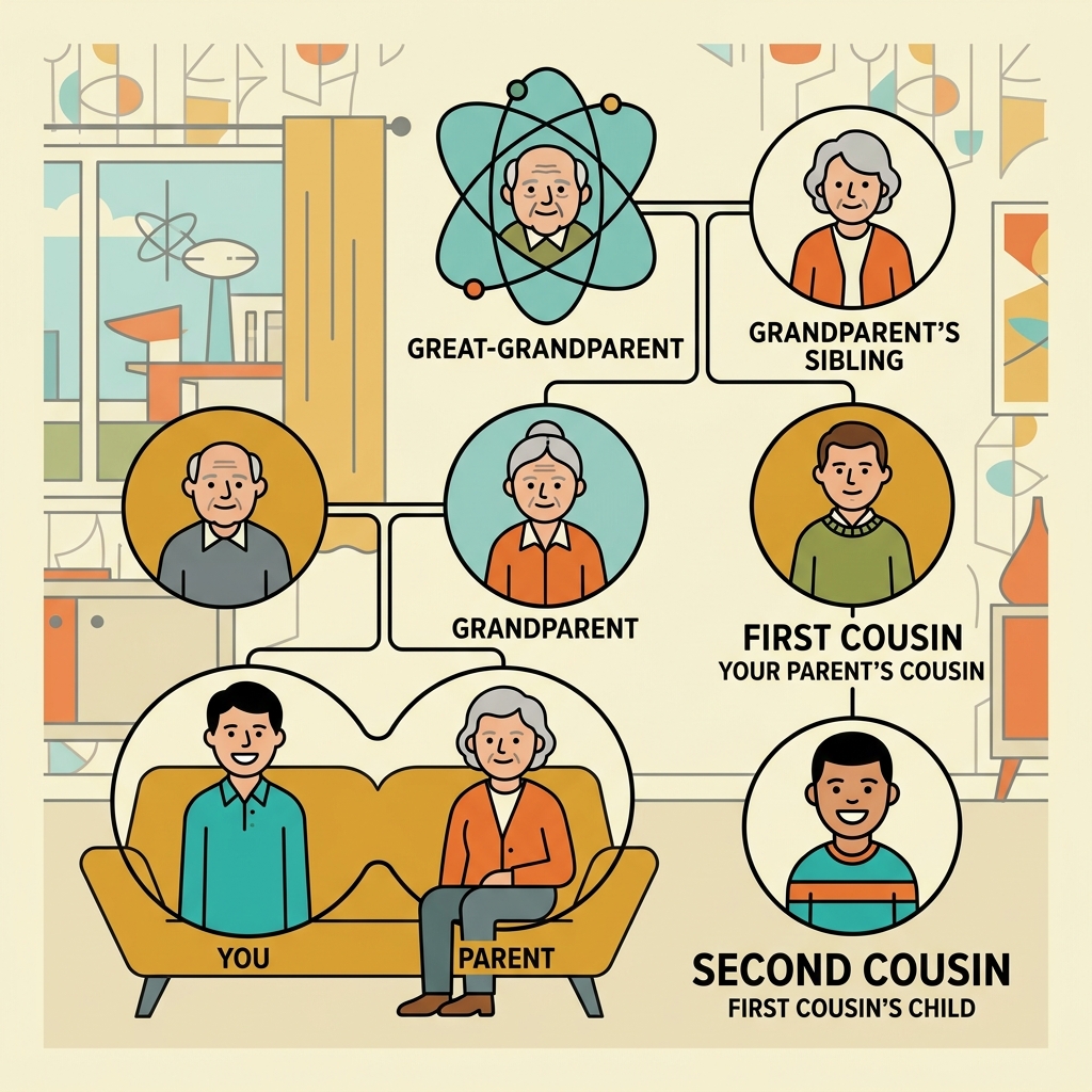 AI na mnemonic na ilustrasyon para sa salitang Ingles na "second cousin"