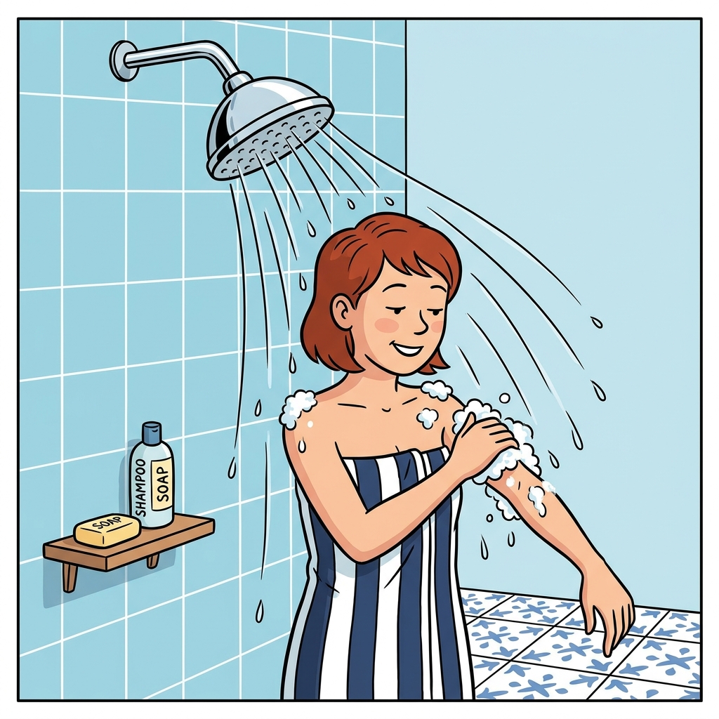 AI mnemonic illustration for the English word "shower"