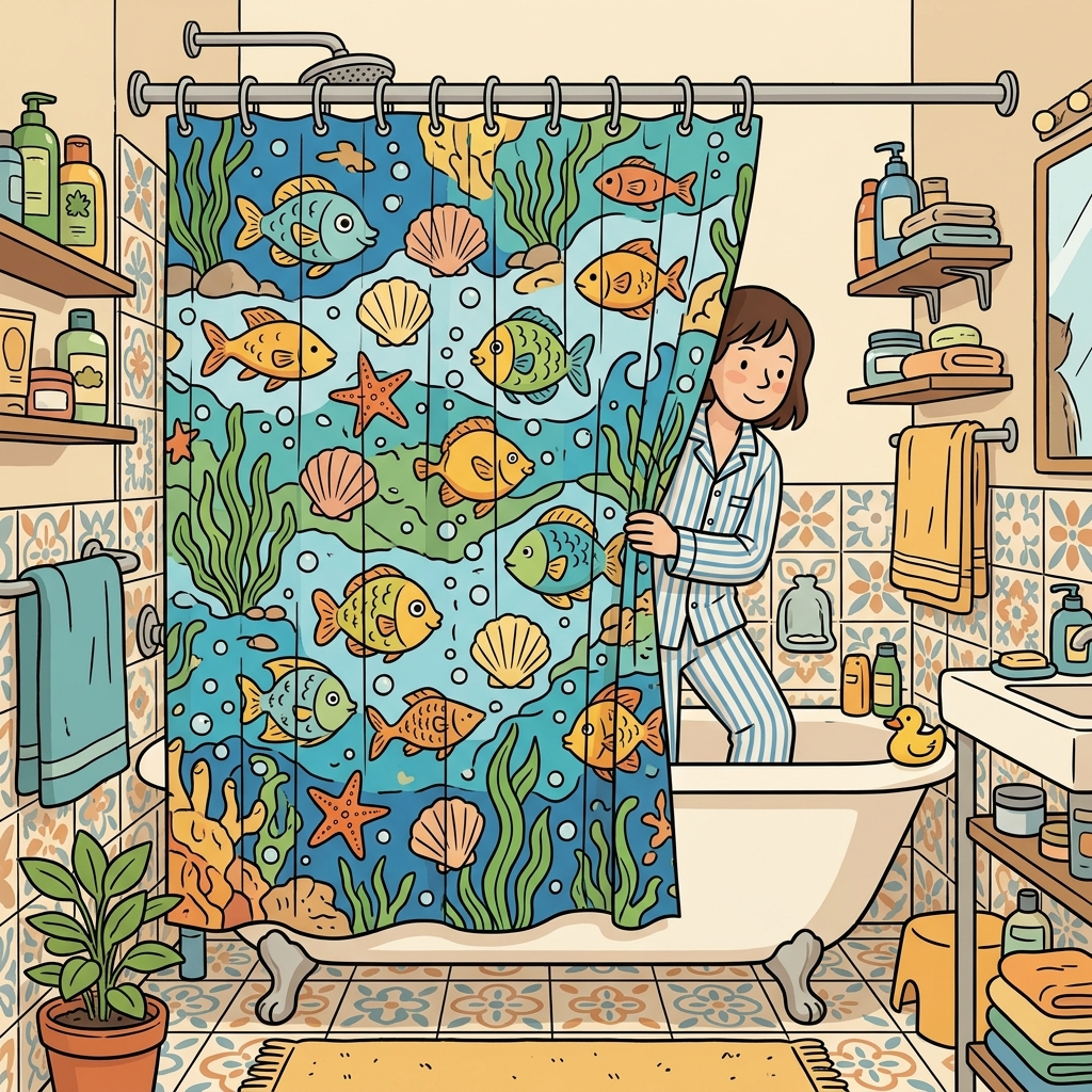 AI mnemonic illustration for the English word "shower curtain"