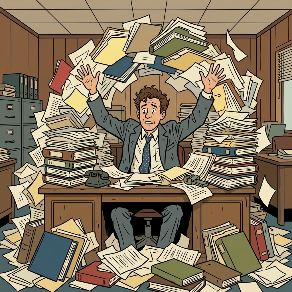 AI mnemonic illustration for the English word "overwhelmed"