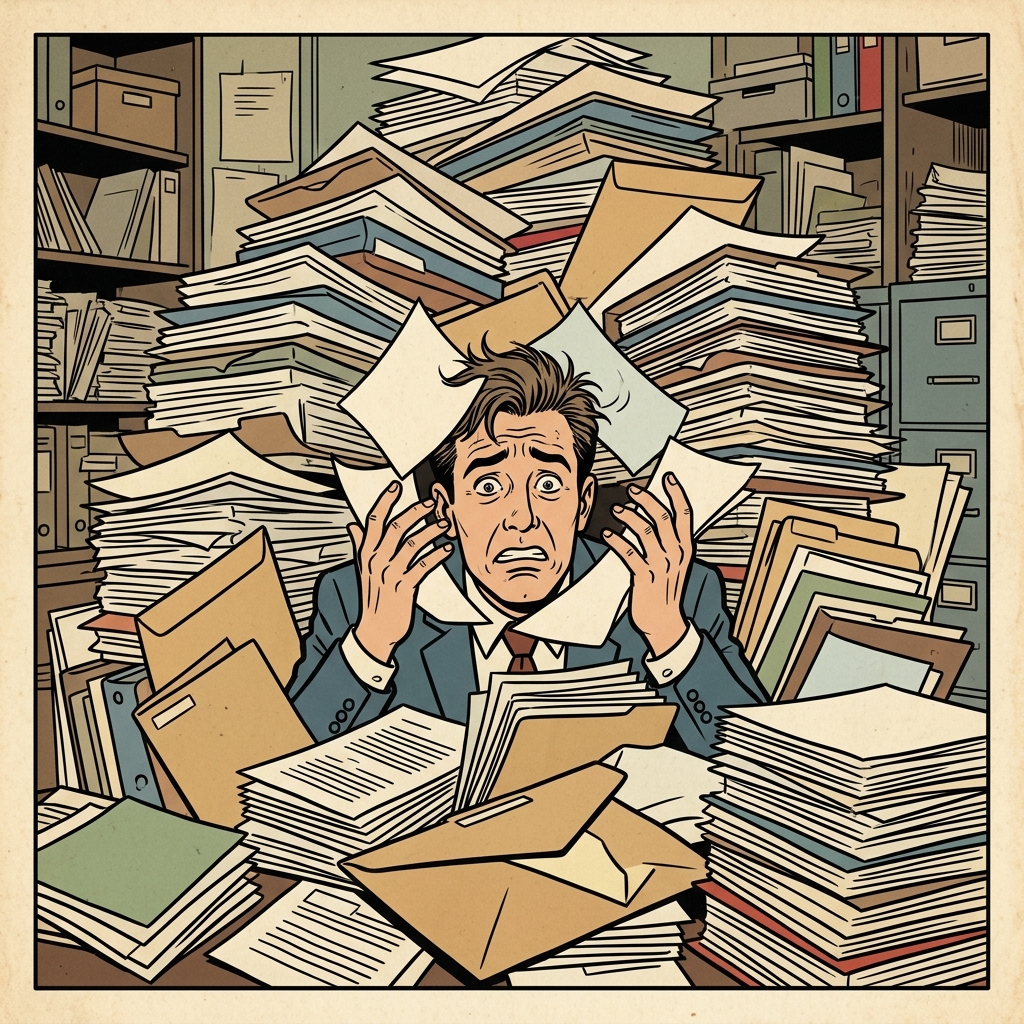 AI mnemonic illustration for the English word "overwhelmed"