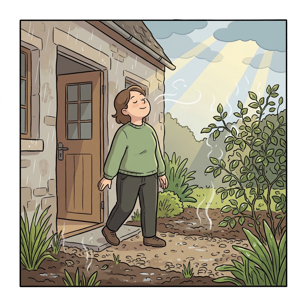 AI mnemonic illustration for the English word "petrichor"